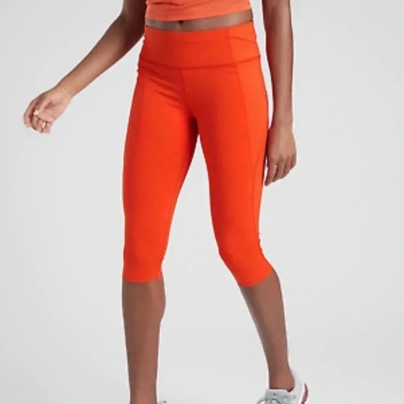 Athleta Velocity Stash Pocket Crop Leggings Bright Red Orange Medium Tall - Picture 1 of 15